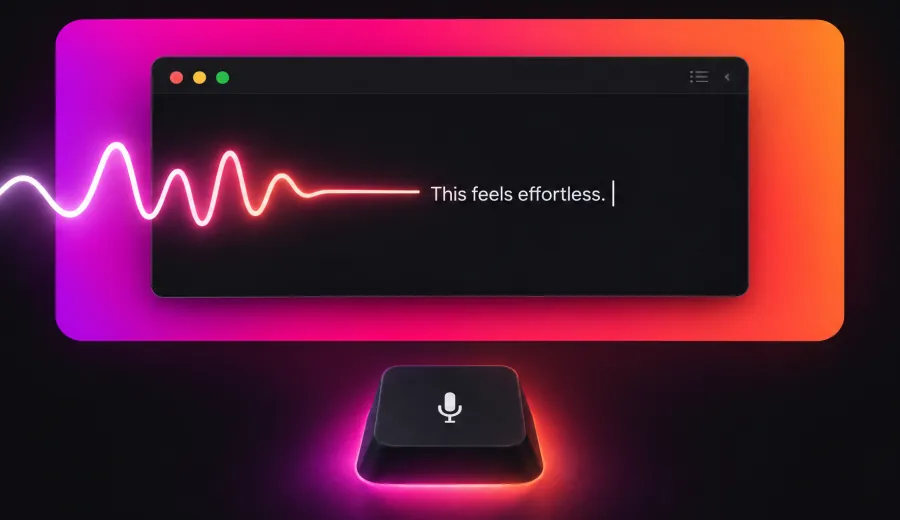 A voice waveform turning into typed text above a glowing key