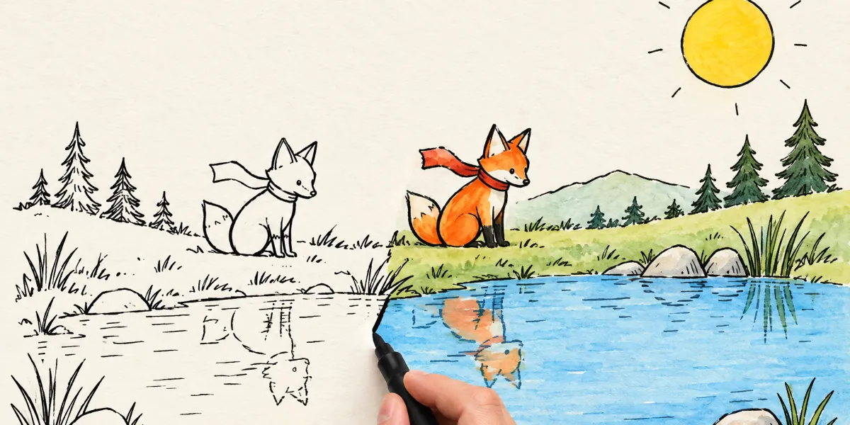 A fox illustration, half ink sketch and half watercolour, with a hand drawing the line between them